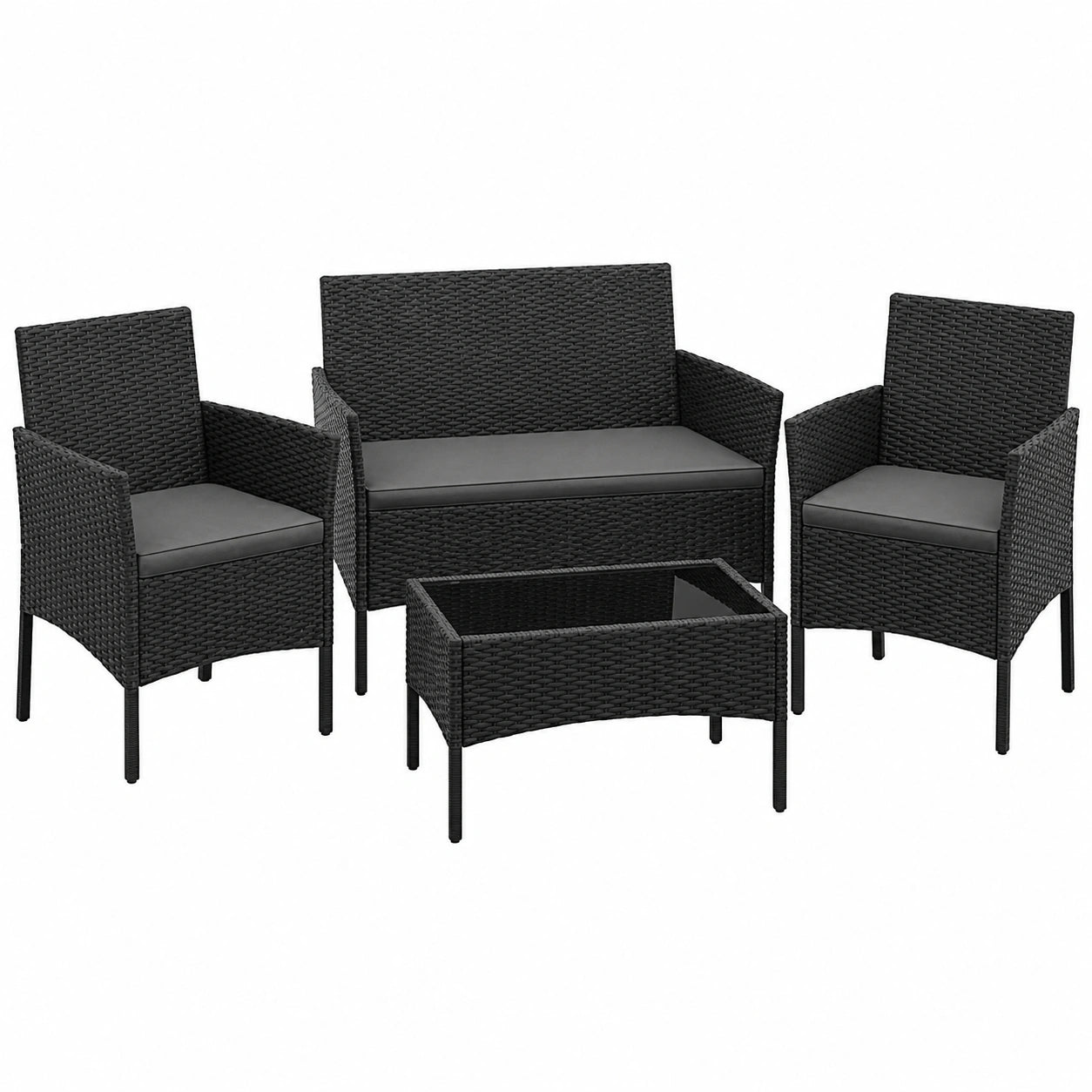 Yaheetech 4-teiliges Rattan Gartenmöbel-Set mit Kissen, wetterfeste Terrassenmöbel in Schwarz und Grau