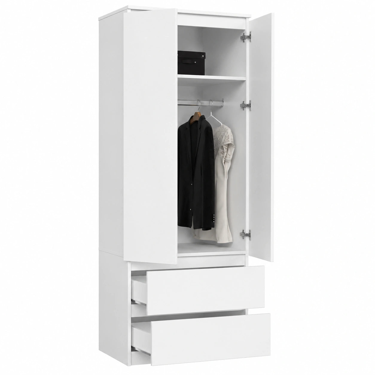 Moderner 2-türiger Kleiderschrank mit Schubladen, weiß, 180x60x51cm, ideal für Schlafzimmer und Wohnzimmer