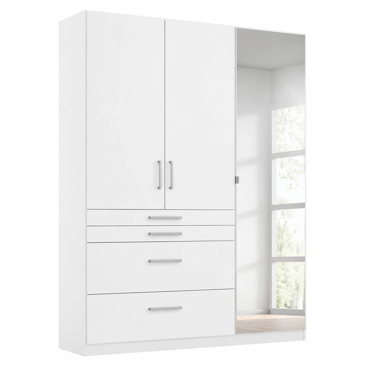 Moderner Kleiderschrank Weiß mit Spiegel und Schubladen, 3-türig