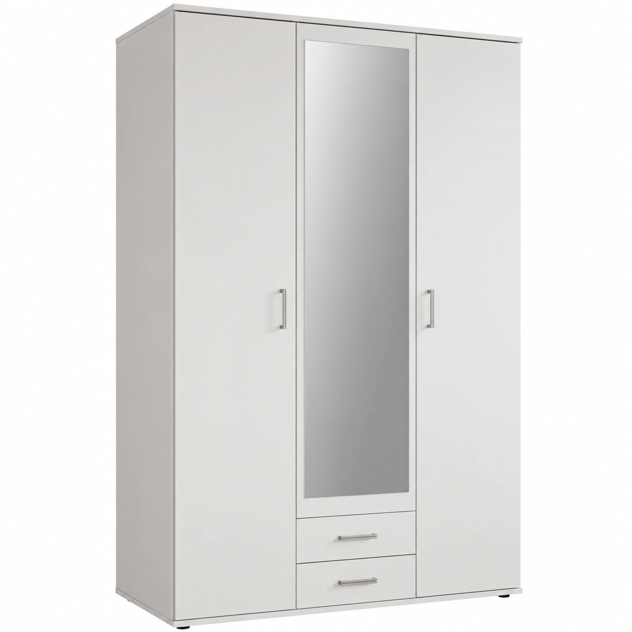 Moderner Drehtürenschrank Karl, 3-türig, Weiß mit Spiegel, 120x195x55 cm