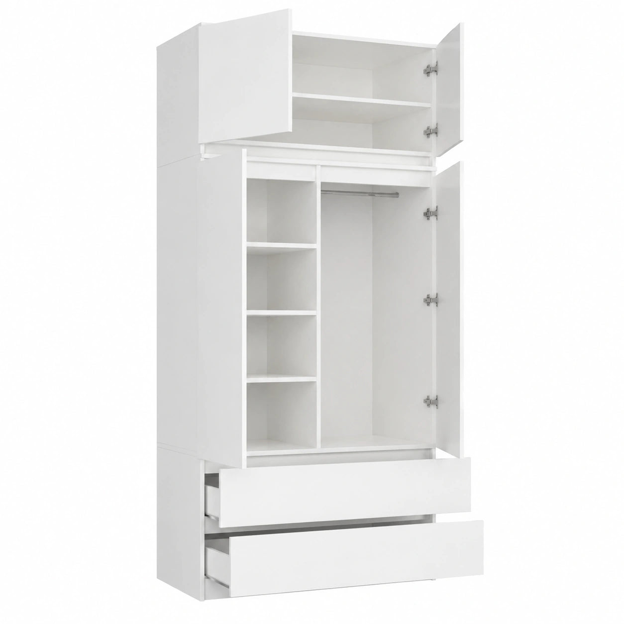 Moderner 4-türiger Kleiderschrank mit Schubladen und Regalböden in Weiß, 234x90x51cm