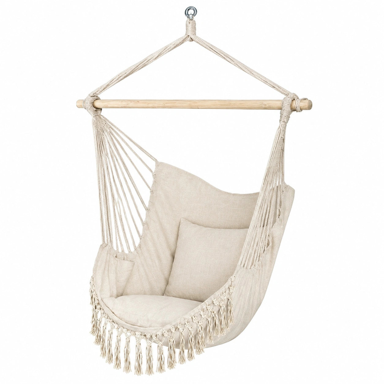 Großer Beige Hängesessel mit Kissen und Taschen - Für drinnen und draußen