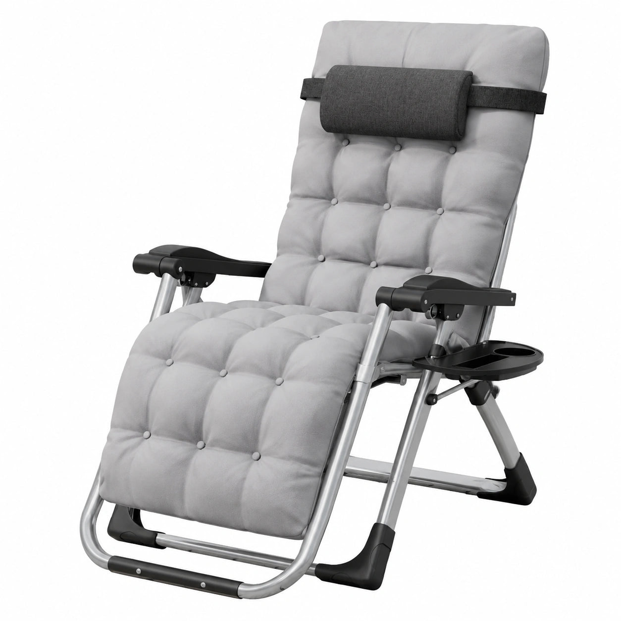 Ergonomischer Zero Gravity Klappstuhl mit Kissen und Becherhalter, belastbar bis 200kg, ideal für Garten und Strand, Farbe: Grau