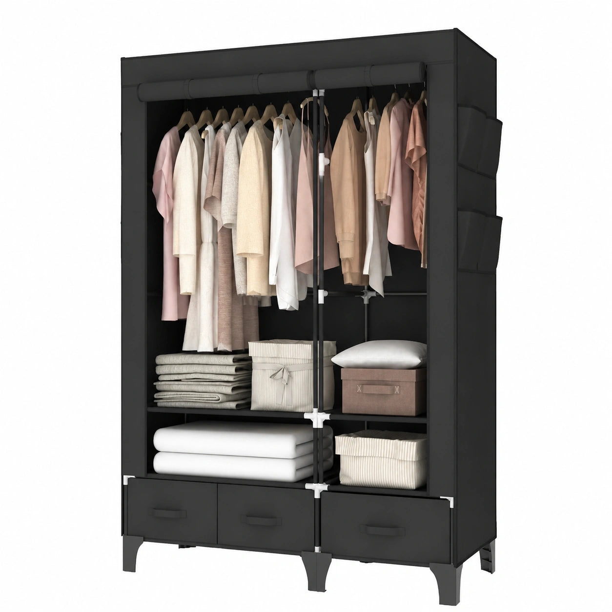 Robuster OPPAIYA Faltschrank mit Schubladen, 2 Kleiderstangen, 109 cm Breit, Textil-Garderobe in Schwarz für Schlafzimmer, 109x45x165 cm