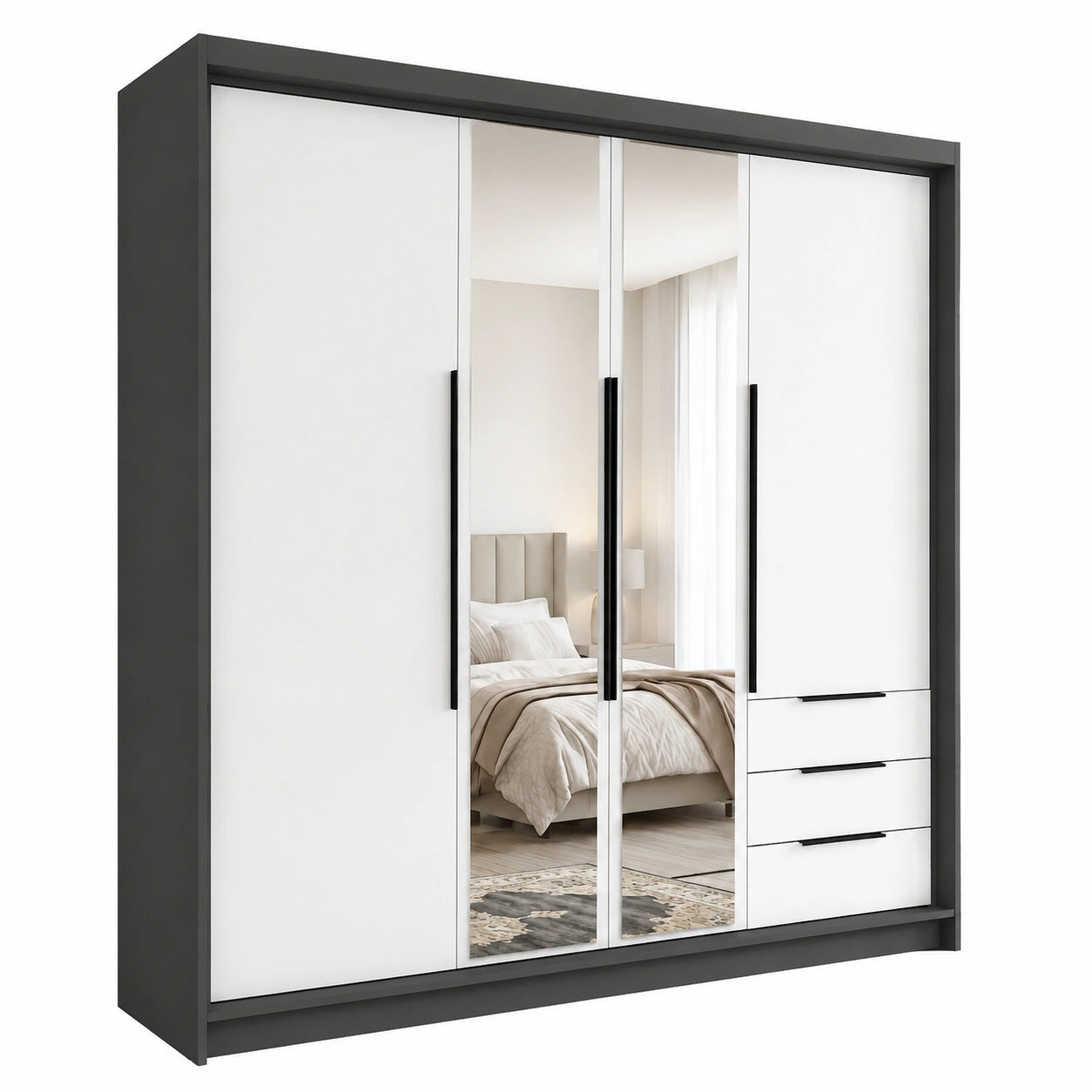 Geräumiger Kleiderschrank VIVO mit Spiegel und Schubladen, 4-türig - 200x215 cm