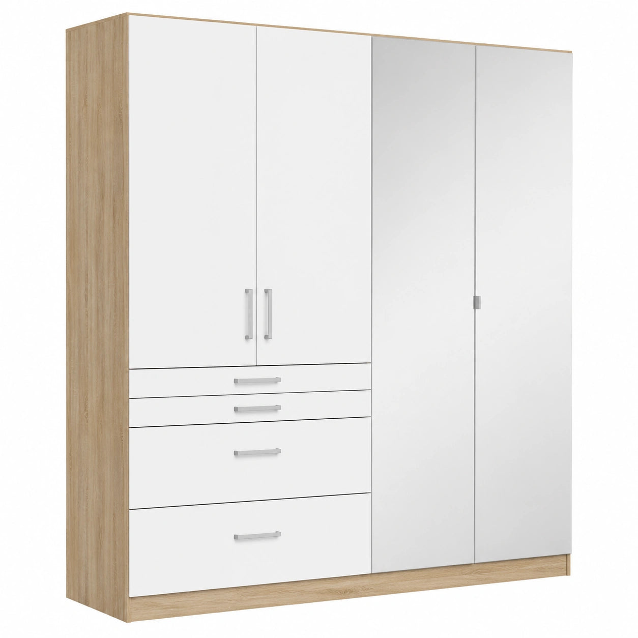 Rauch Möbel Harburg Kleiderschrank, Weiß/Eiche Sonoma, 4-türig, mit Spiegel und Schubladen, Inklusive Zubehörpaket