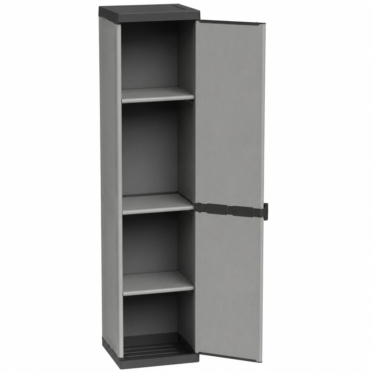 Robuster PVC-Kunststoffschrank mit 1 Tür und 3 Regalböden, einfach montierbar, für Innen- und Außenbereich, 34x40x165 cm, Grau/Schwarz