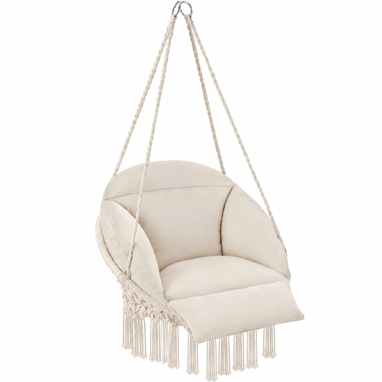 Boho Hängesessel mit dicken Kissen und Quasten, 80 cm Durchmesser, für Garten, Balkon und Wohnzimmer - beige