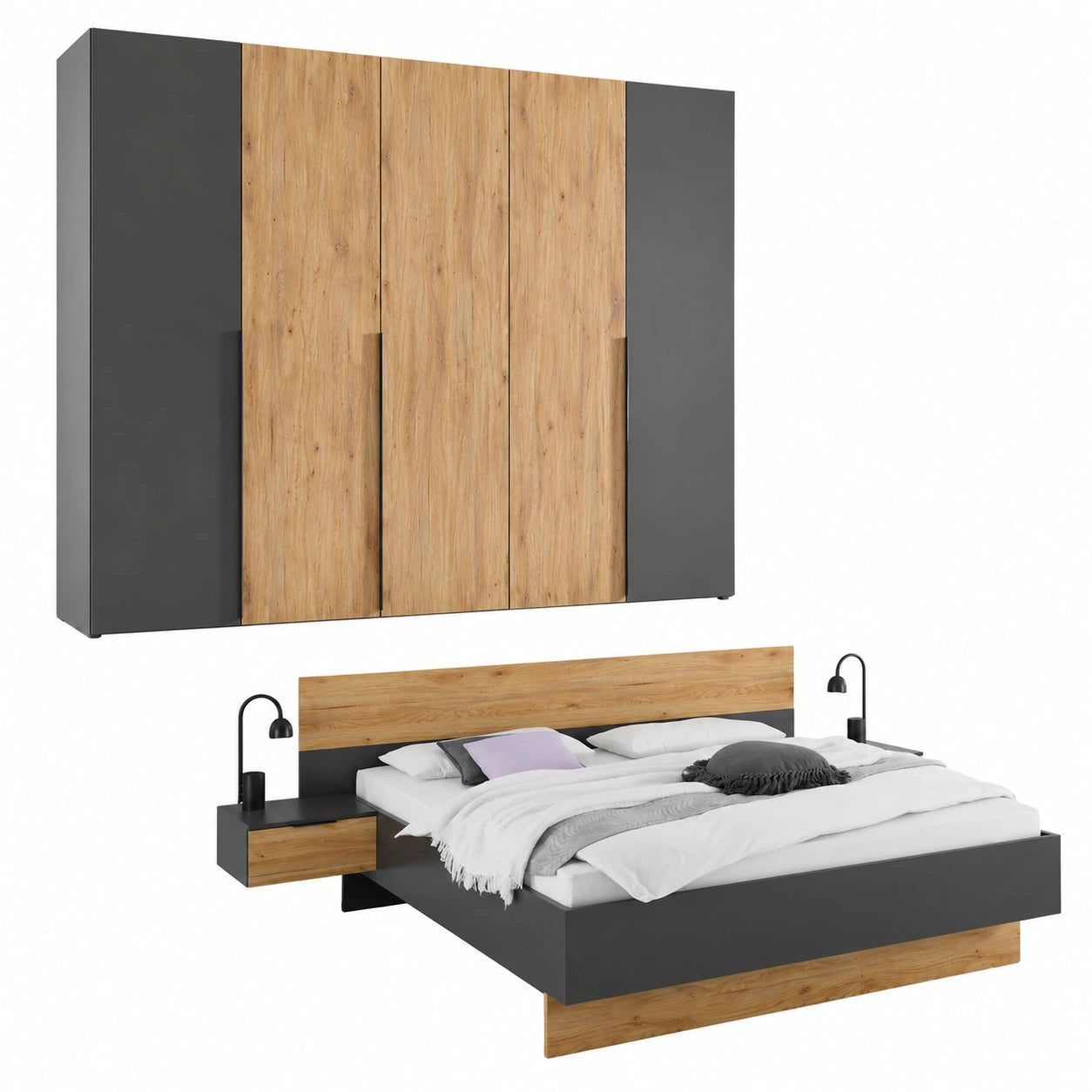 Stella Trading ASKA Doppelbett-Set in Graphit und Eichenoptik - 2-teilig: Kleiderschrank & Bettrahmen