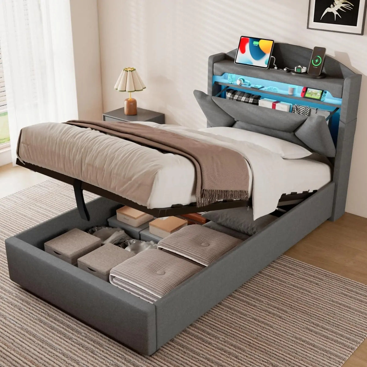 ZUUYEE Bett 90x200, Grau, 90 × 200 cm