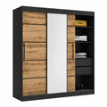 Moderner Kleiderschrank mit Spiegel und Schubladen, 200 cm, Schwebetüren, Schwarz/Wotan Eiche