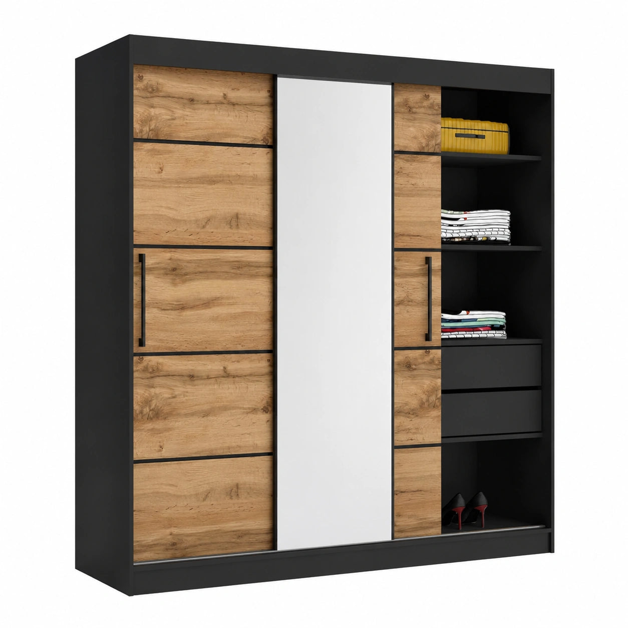 Moderner Kleiderschrank mit Spiegel und Schubladen, 200 cm, Schwebetüren, Schwarz/Wotan Eiche