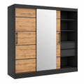 Schwebetürenschrank Brent 235cm mit Spiegel und Schubladen - Schwarz/Wotan Eiche