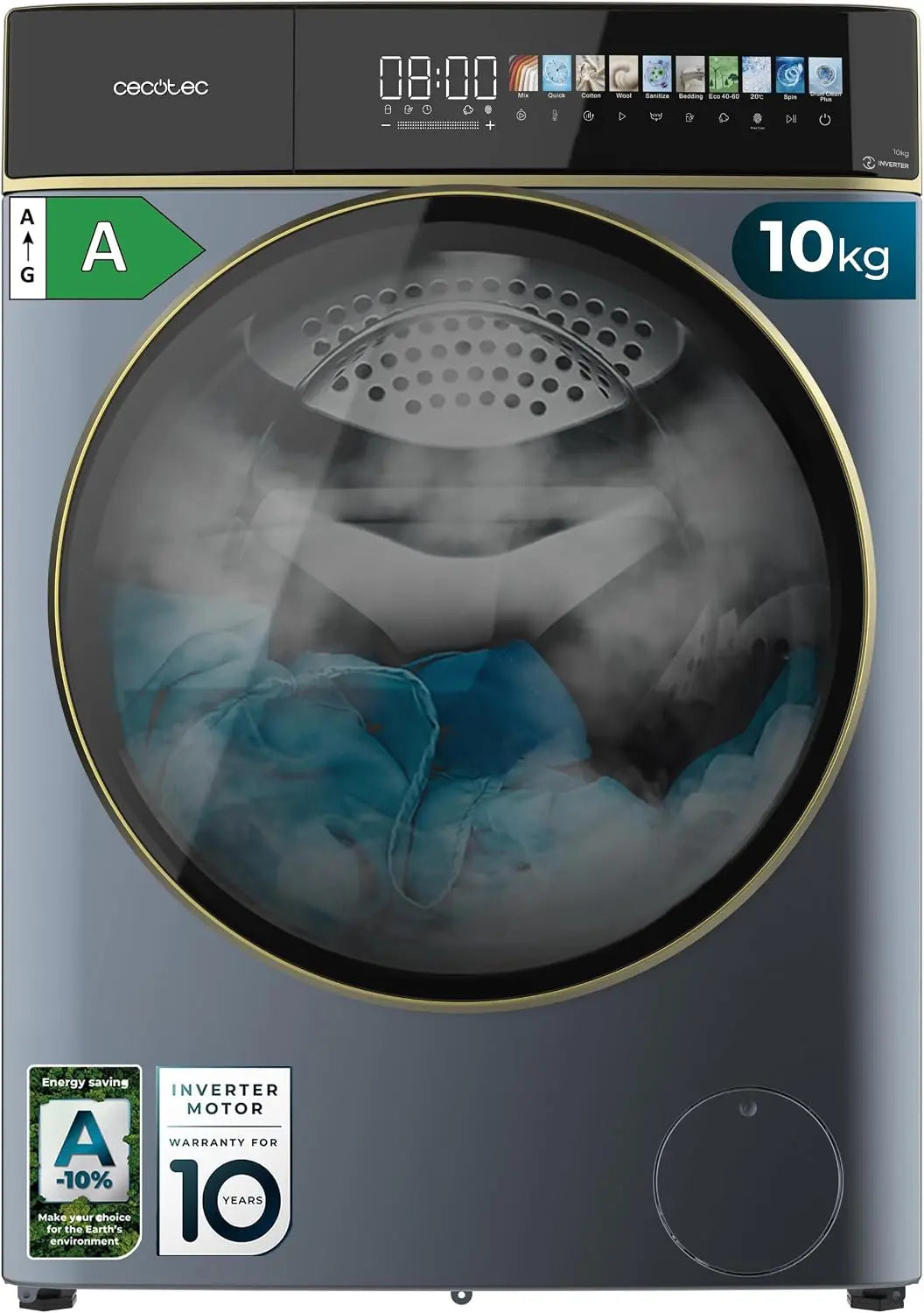 Cecotec Frontlader-Waschmaschine, Blau, A 1400 U, 10,3 Zoll, 1400 U/min, Display