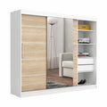Moderner Schwebetürenschrank Brent - 235cm, Spiegel und Schubladen, Weiß/Sonoma Eiche