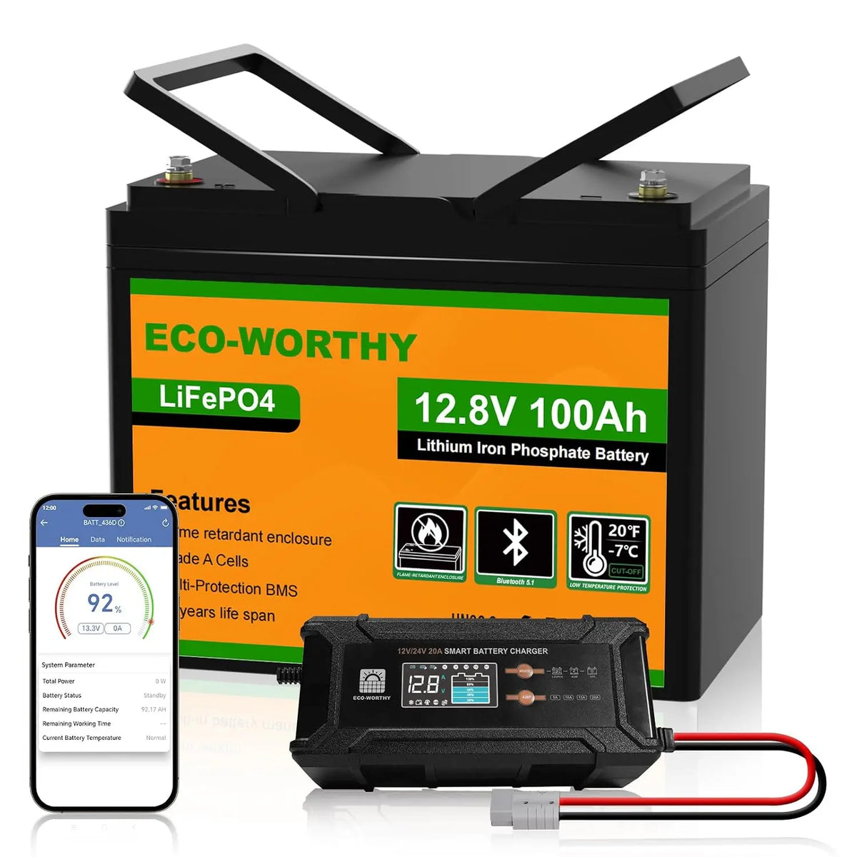 ECO-WORTHY Akku WORTHY 12V, 100 Ah, 12 V, Bluetooth