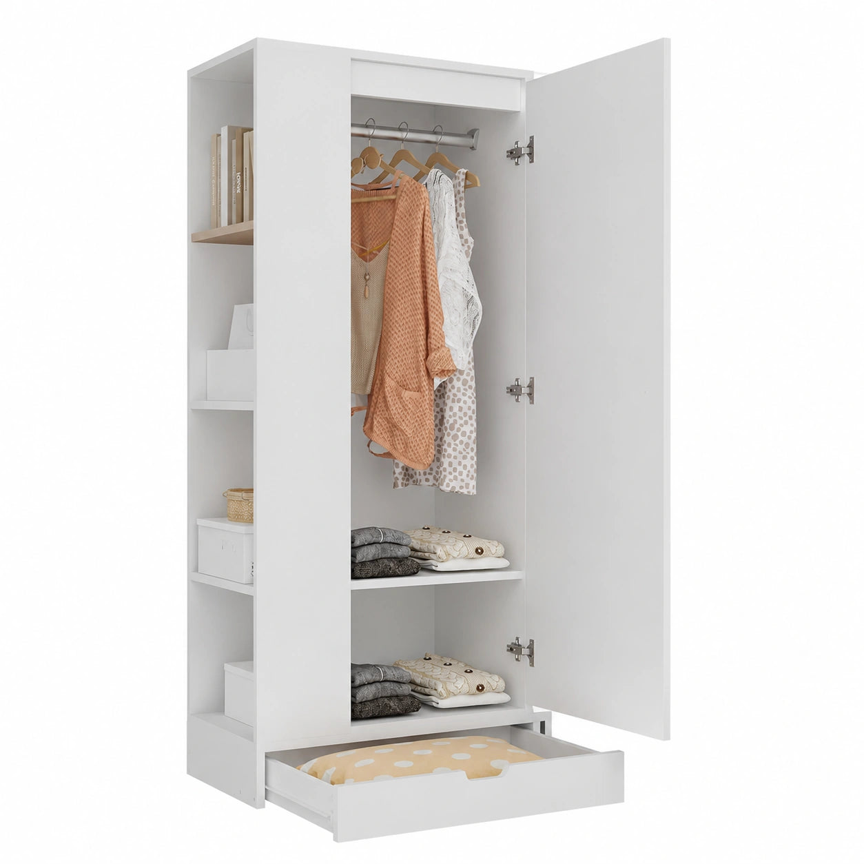 Schmaler Kleiderschrank mit Einlegeböden und Schubladen, 70x40x170cm, Eintürig, Weiß, Ideal für Schlafzimmer