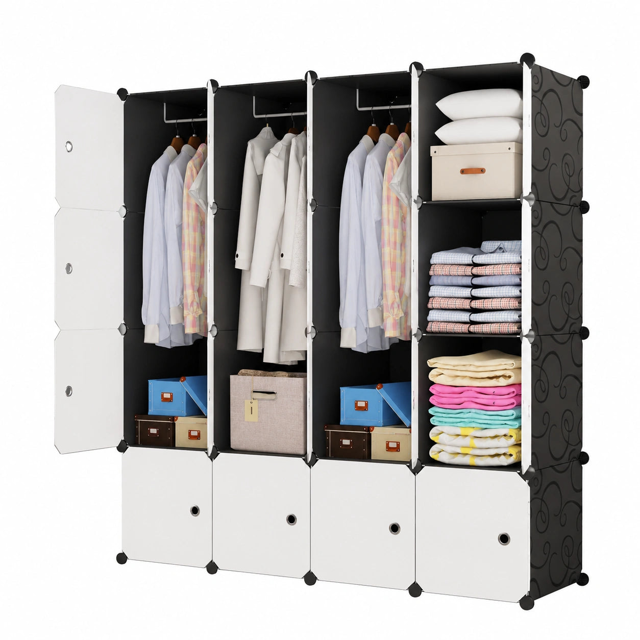 Modularer Kleiderschrank mit Türen, 16 Würfel und 3 Kleiderstangen, Magnetverschluss, 148 x 47 x 148 cm, tragbar