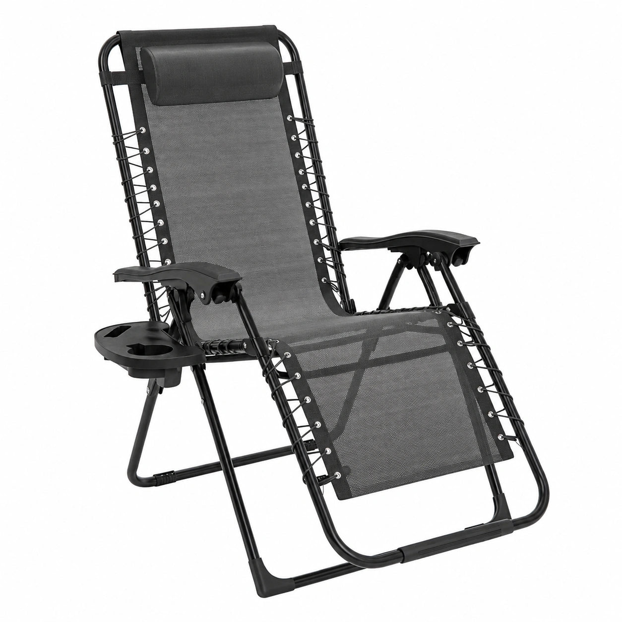 Ergonomischer Liegestuhl Set mit Getränkehalter, Verstellbare Lehne & Kopfstütze, Strapazierfähiger Textilene-Bezug, Robustes Stahlgestell, Ideal für Terrasse, Garten & Camping (Grau)