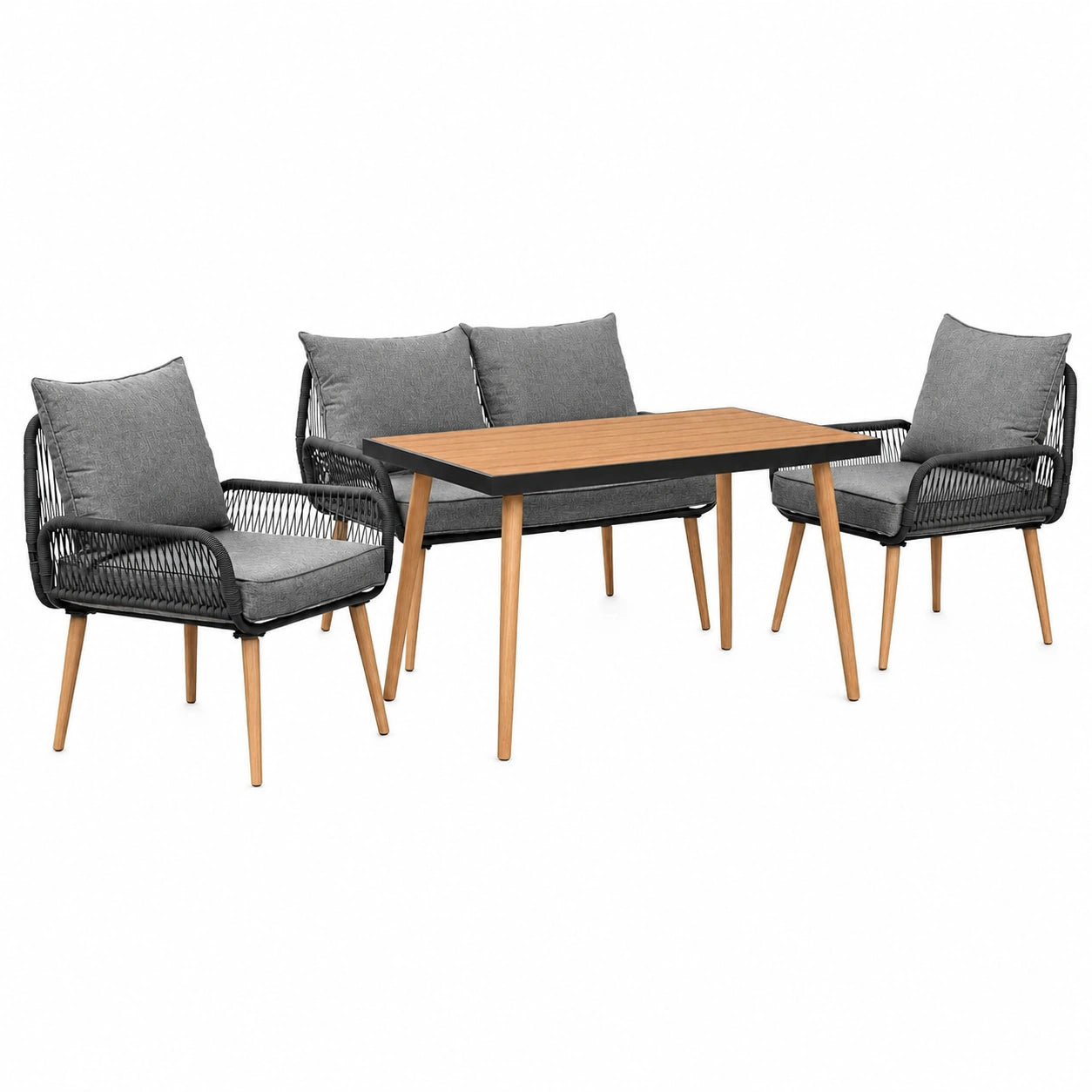 Hochwertige Gartenmöbel-Lounge Sienna – Wetterfeste Sitzgruppe für 4 Personen mit Tisch aus WPC und Seilgeflecht – Anthrazit/Holz Design
