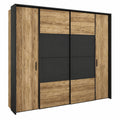 Moderner Schwebetürenschrank 280 cm mit LED-Beleuchtung und Passepartout, 4-türig in Alpenfichte/Schwarz