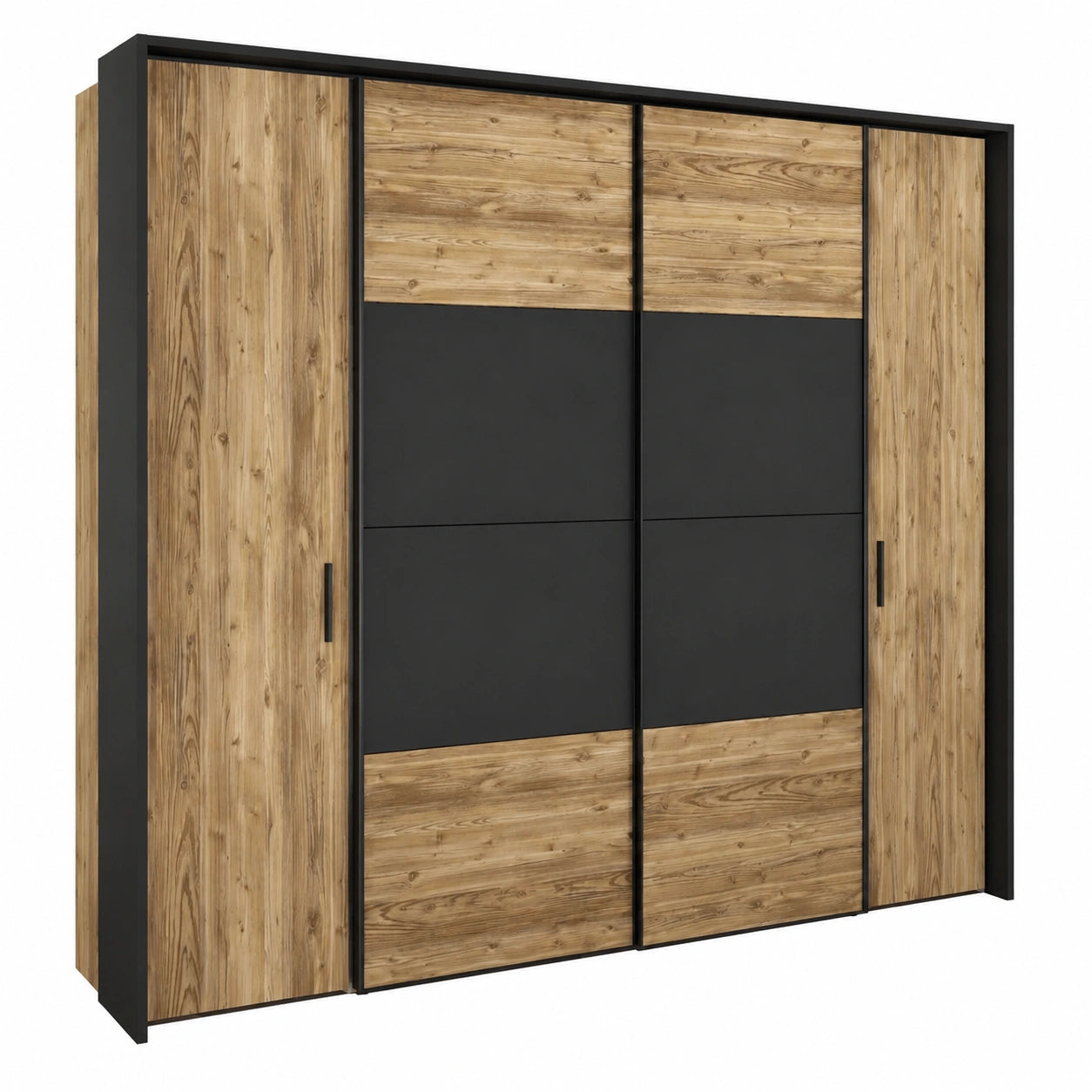 Moderner Schwebetürenschrank 280 cm mit LED-Beleuchtung und Passepartout, 4-türig in Alpenfichte/Schwarz