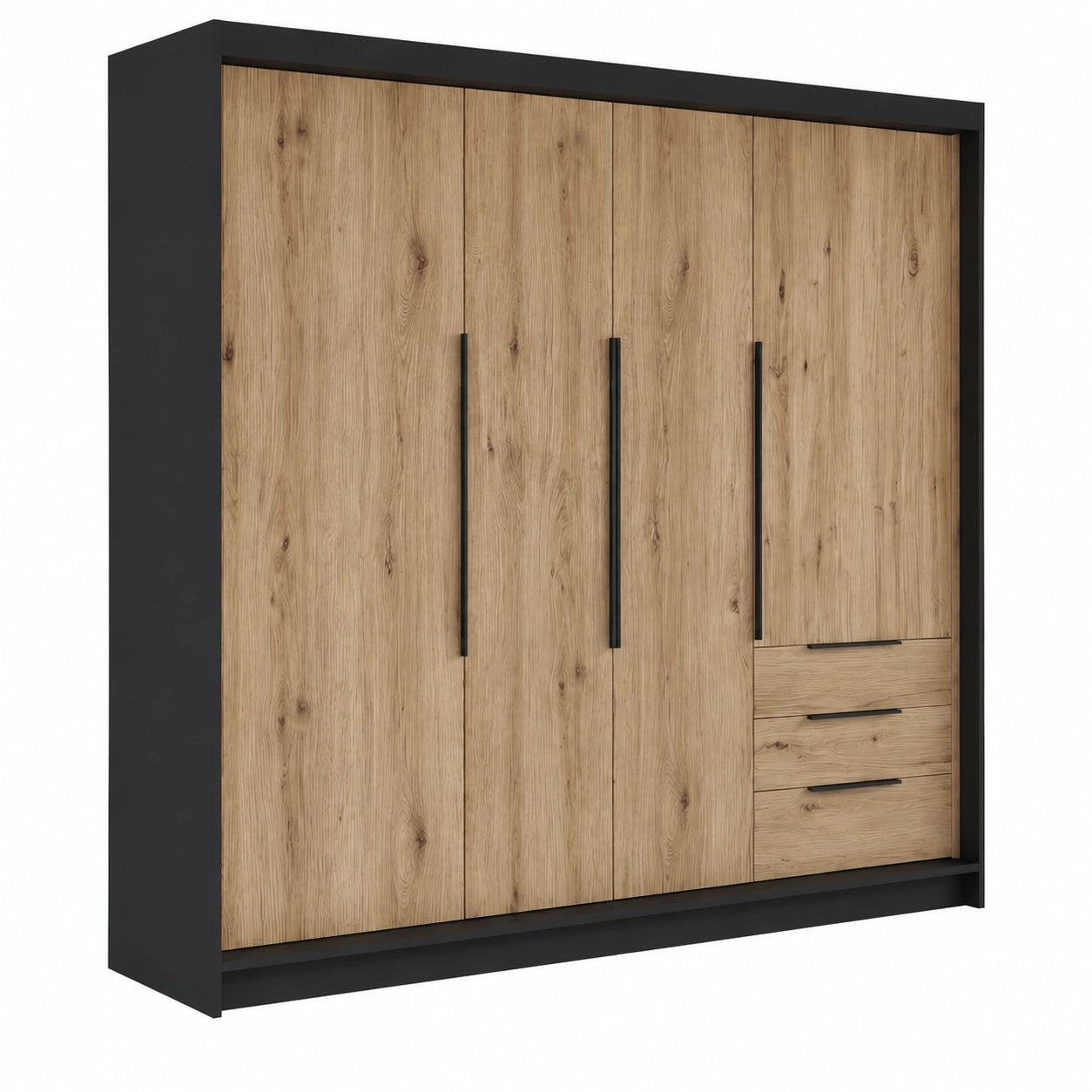 Geräumiger 4-türiger Kleiderschrank KLARI mit Schubladen und Kleiderstange, 200 x 215 cm