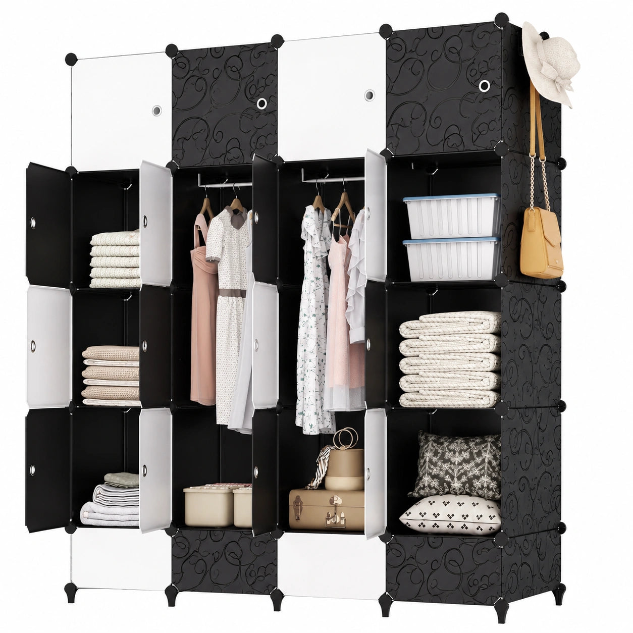 HOMIDEC Moderner Kleiderschrank, Flexibles Regalsystem mit 20 Fächern, Inklusive 3 Kleiderstangen, Geräuschloser Kunststoffschrank, Weiß, 180 x 145 x 45 cm, Ideal für Schlafzimmer