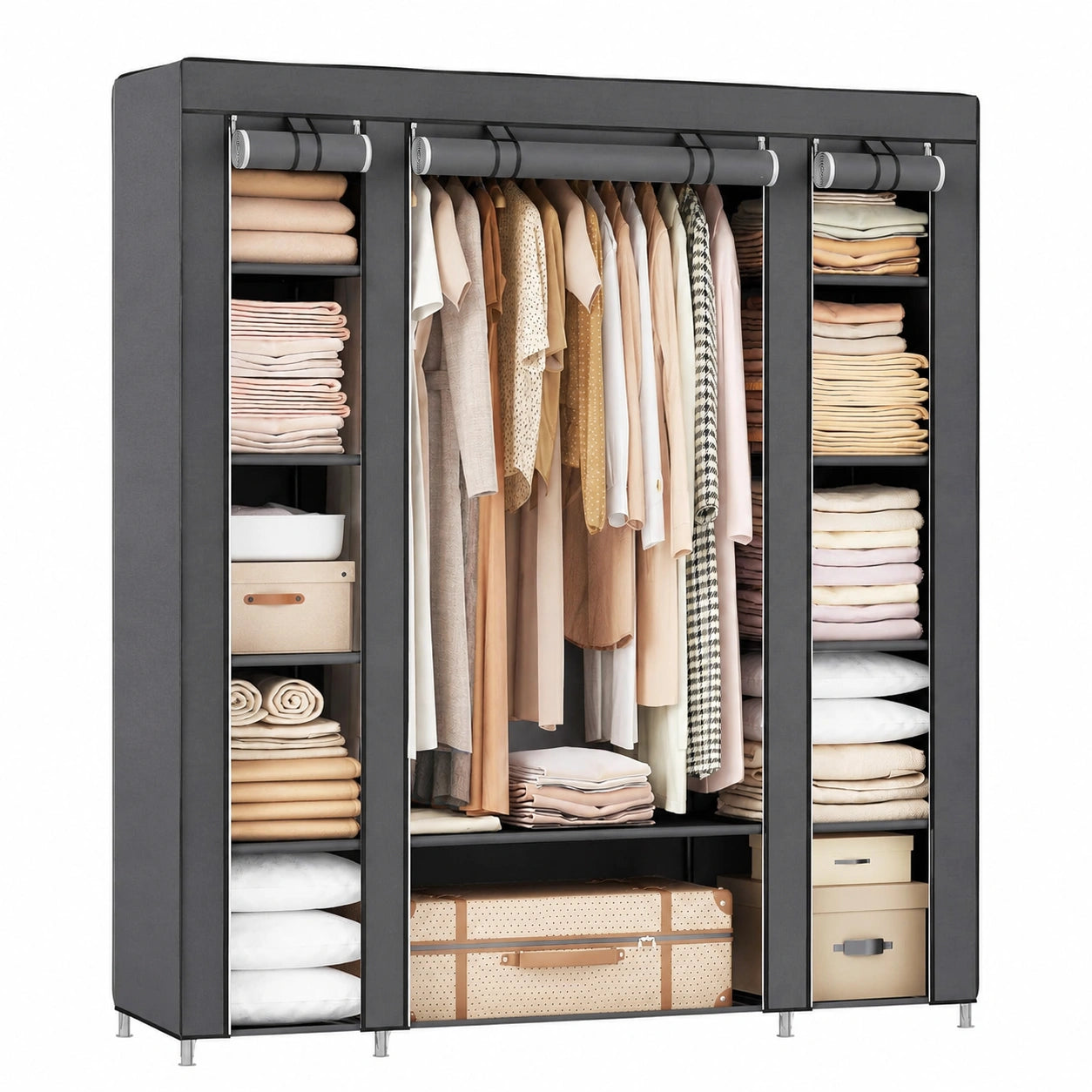 Geräumiger SONGMICS Stoffkleiderschrank mit 12 Ablagen und Kleiderstange, stabil und vielseitig, 150 x 45 x 175 cm, grau